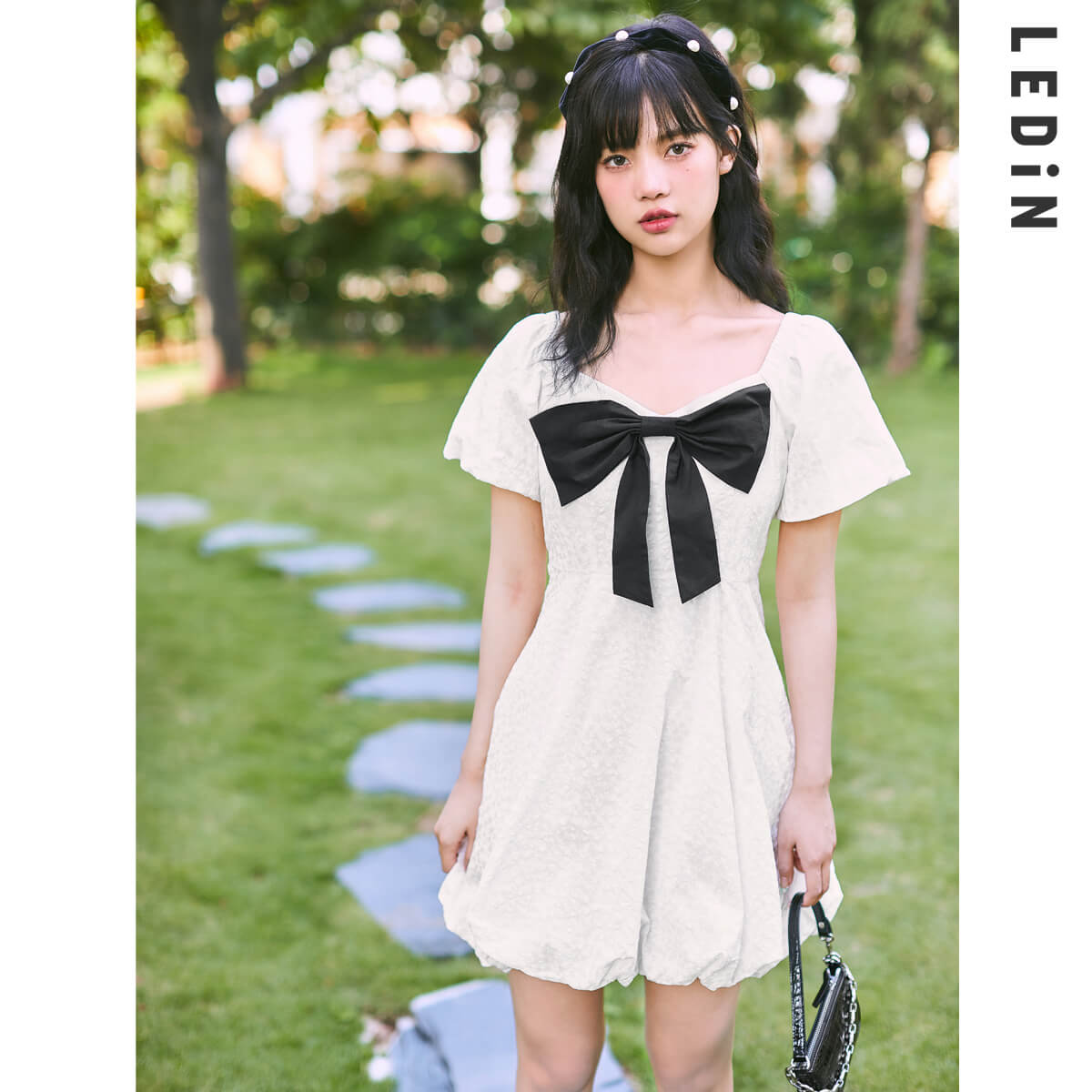 冰月連衣裙2021新款春蝴蝶結連衣裙方領茶歇裙